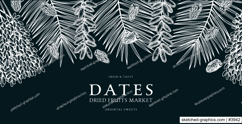 Hand drawn border design with date palm leaves and ripe fruit illustrations. Healthy food ingredients sketches isolated on chalkboard. Oriental sweets vector background. Vintage dried dates background