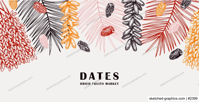 Sketched background with date palm leaves and dried fruit illustrations. Healthy food ingredients sketches in engraved style. Hand drawn oriental sweets vector border. Vintage ripe dates design