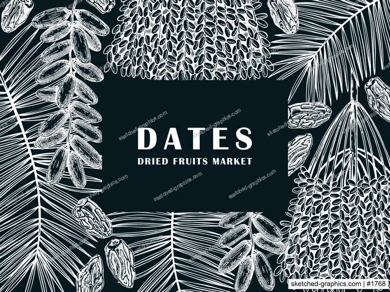 Sketched frame design with date palm leaves and dried fruits illustrations isolated on chalkboard. Hand drawn vegan food ingredients vector background. Oriental sweets sketches - dried dates banner 