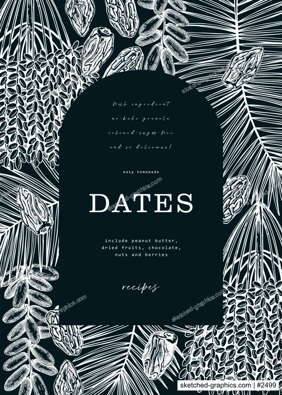 Sketched frame design with date palm leaves and dried fruits illustrations on chalkboard. Hand drawn vegan food ingredients sketches vector background. 