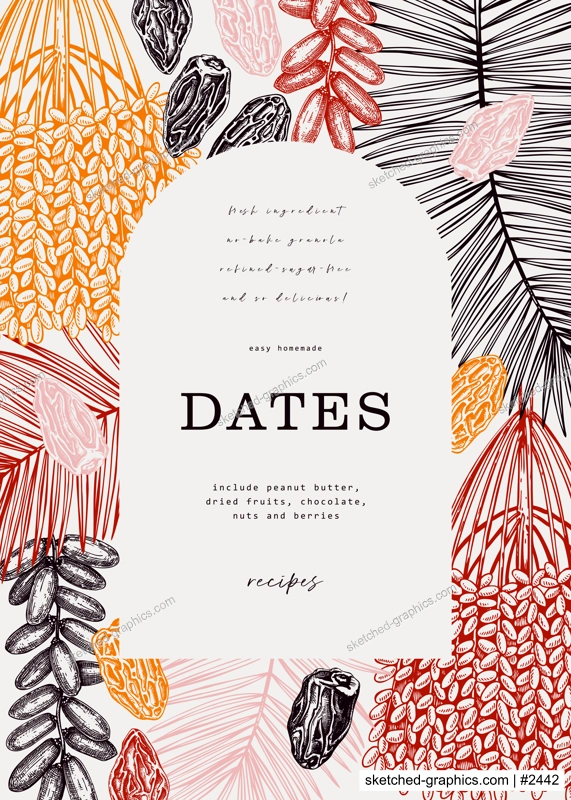 Vector card design with date palm leaves and dried fruits illustrations in color. Hand drawn vegan food ingredients sketches vector background. Arabic style frame template