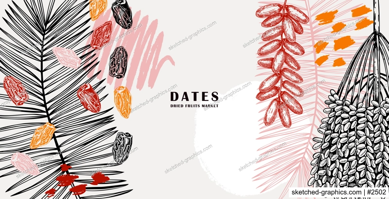 Collage-style background with dates palm leaves and dried fruits sketches. Hand drawn vegan food border design with oriental sweets vector illustrations. Vintage ripe dates trendy design