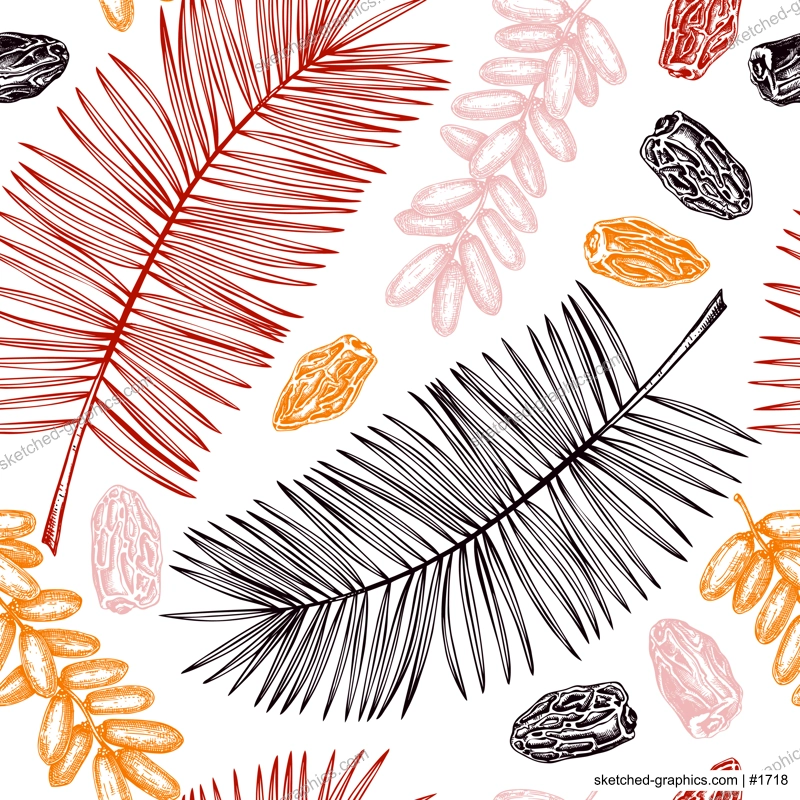 Vector dates seamless pattern. Palm leaves and dried fruits illustrations in engraved style. Hand drawn vegan food background in sketch style. Dried dates design