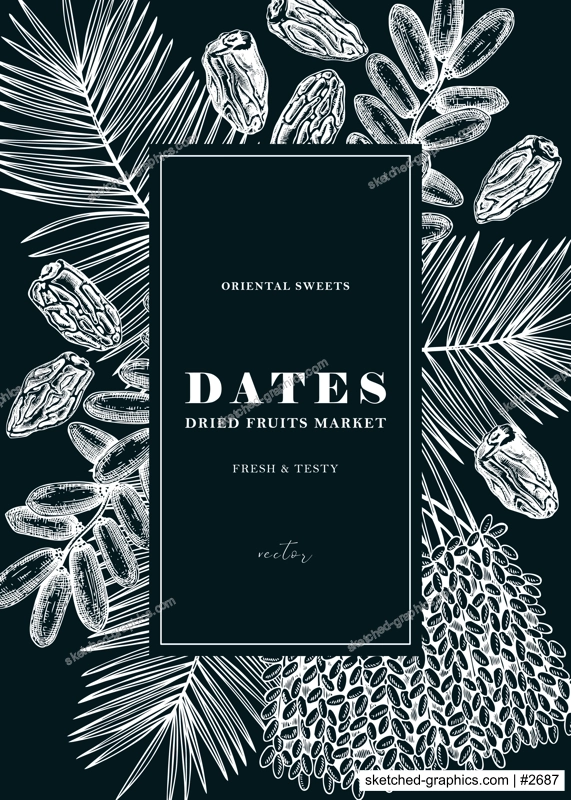 Hand drawn vegan food wreath design with date palm leaves and dried fruits illustrations in engraved style. Dried dates sketch banner template on chalkboard