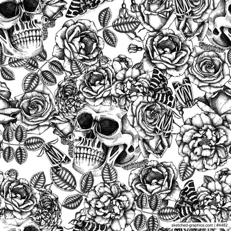 Day of the death seamless pattern. Hand drawn vector illustration. Human skull with rose flowers and moth sketch. Gothic style background. Repeating texture. Fabric, textile, wrapping paper, print