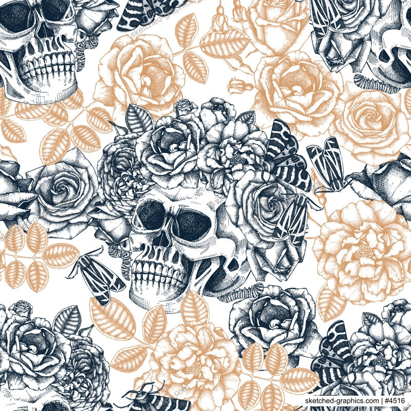 Day of the death seamless pattern. Hand drawn vector illustration. Human skull with rose flowers and moth sketch. Gothic style background. Repeating texture. Fabric, textile, wrapping paper, print