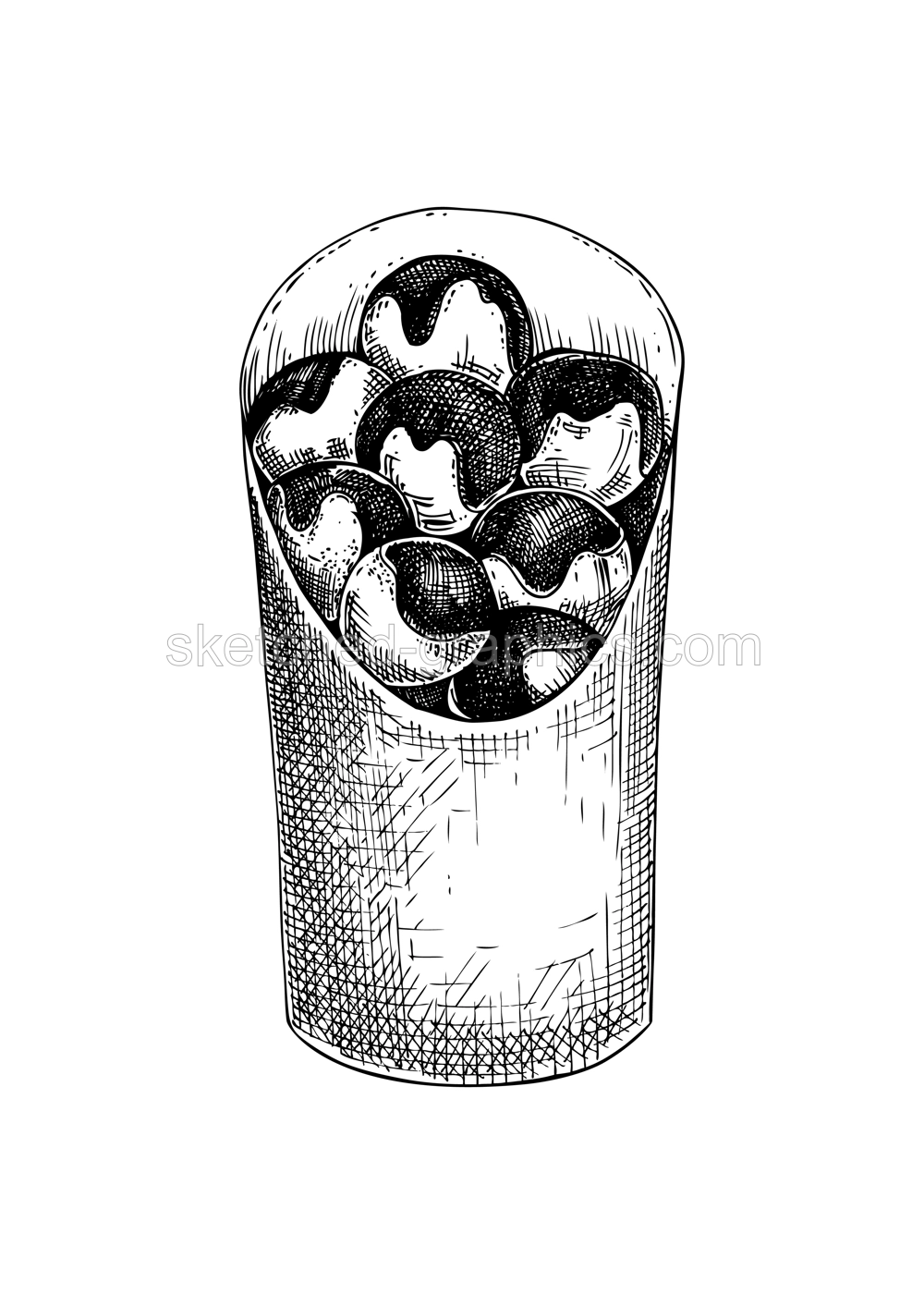 Donuts with glaze and chocolate sketch. Hand drawn vector illustration. Doughnut in paper bags drawing. Bakery product, fast food, unhealthy nutrition. Traditional European Christmas market pastries Illustration