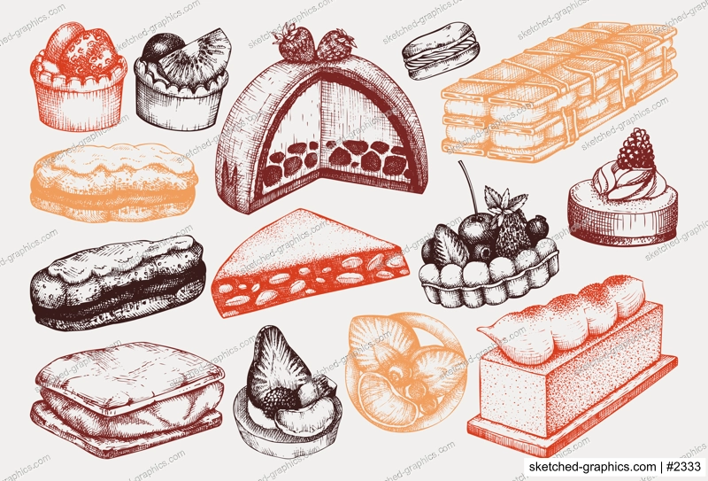 Hand drawn desserts illustrations set. Layer cakes, biscuits, eclairs, vanilla slices, tartlets, cheesecake, meringue sketches in color. Vintage food drawing for confectionery or bakery shop