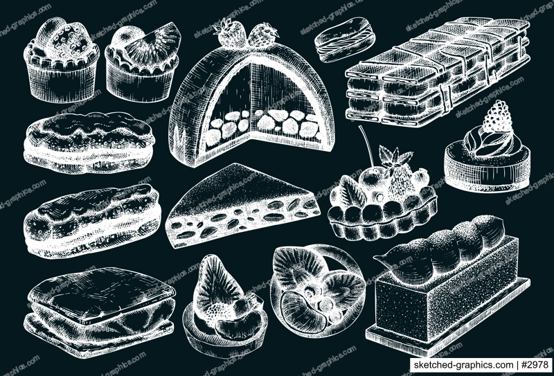 Hand drawn desserts illustrations set. Layer cakes, biscuits, eclairs,  vanilla slices, tartlets, cheesecake, meringue sketches on chalkboard. Vintage food drawing for confectionery or bakery shop