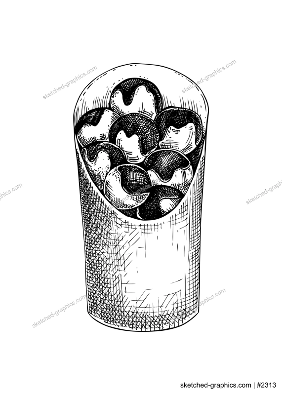 Donuts with glaze and chocolate sketch. Hand drawn vector illustration. Doughnut in paper bags drawing. Bakery product, fast food, unhealthy nutrition. Traditional European Christmas market pastries