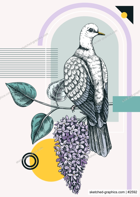 Collage style dove vector illustration. Hand-drawn bird on blooming lilac branches with flowers and leaves. Trendy design with botanical sketches, geometric shapes, and abstract elements for print