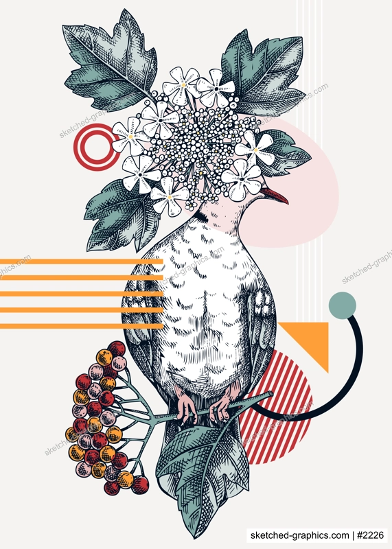 Collage-style bird card. Sketched dove trendy poster. Creative designs with bird sketch, botanical illustrations, geometric shapes, and abstract elements for nature print, wall art, packaging. 