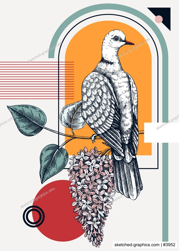 Collage-style bird card. Sketched dove trendy poster. Creative designs with bird sketch, botanical illustrations, geometric shapes, and abstract elements for nature print, wall art, packaging. 
