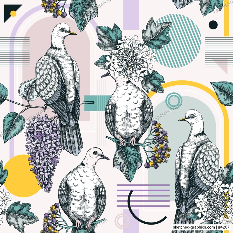 Collage style dove vector background. Hand-drawn bird on blooming lilac and guelder rose branches with flowers, berries, leaves. Trendy seamless pattern with botanical sketches and geometric shapes,