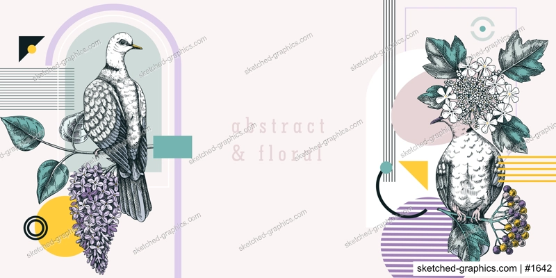 Collage style doves vector background. Hand-drawn birds on blooming branches with flowers, berries, leaves. Trendy design with botanical sketches, geometric shapes, abstract elements for print