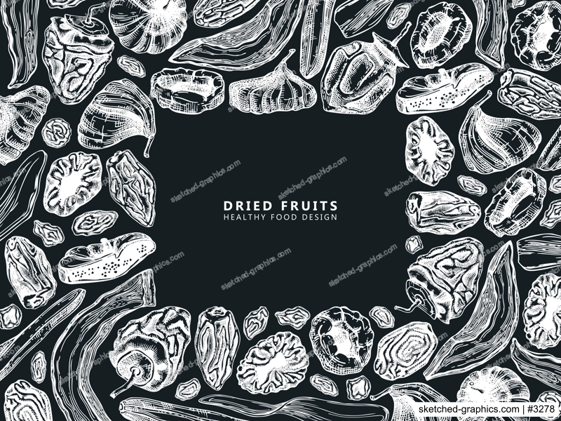 Dried fruits and berries frame on chalkboard . Hand- sketched dried fruit design - dried fig, apricot, banana, persimmon, dates, prune, raisin. For vegan food, snacks, breakfast, granola, desserts.