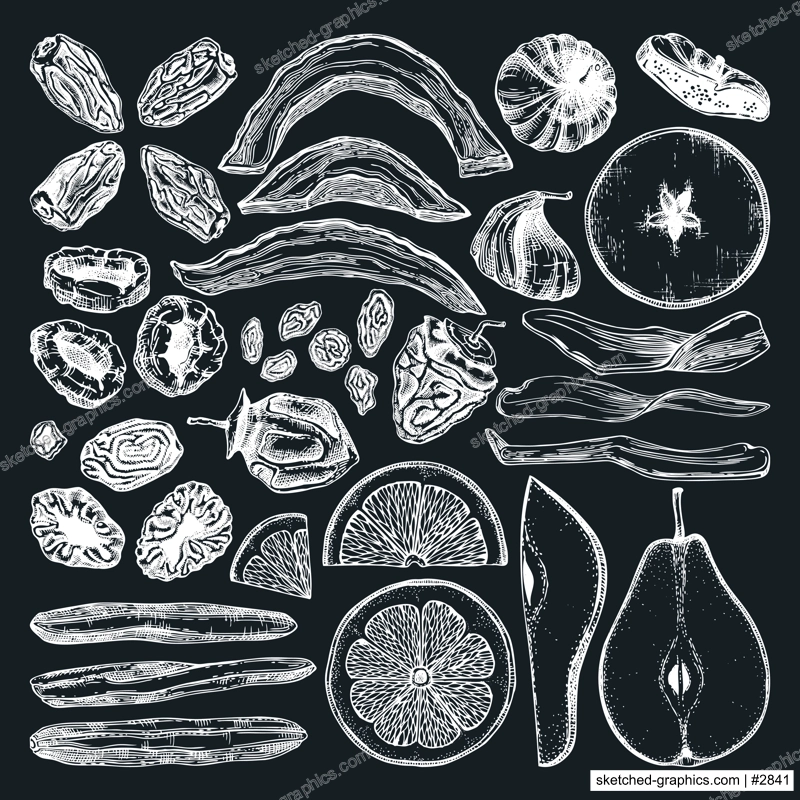 Dried fruits and berries set. Hand drawn dehydrated fruit sketches - dried mango, melon, fig, apricot, banana, persimmon, dates, prune, raisin. For vegan food, snacks, breakfast, granola, desserts.