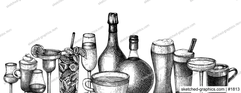 Hand-sketched drinks background. Vector banner with popular beverages in elegant glasses. Popular drinks vintage hand-drawings. Bar or restaurant menu template in sketched style.