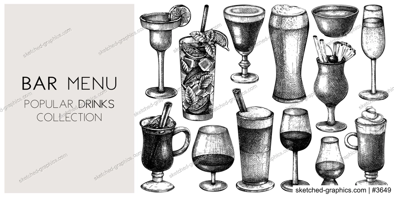 Hand-sketched drinks background. Vector banner with popular beverages in elegant glasses. Popular drinks vintage hand-drawings. Bar or restaurant menu template in sketched style.