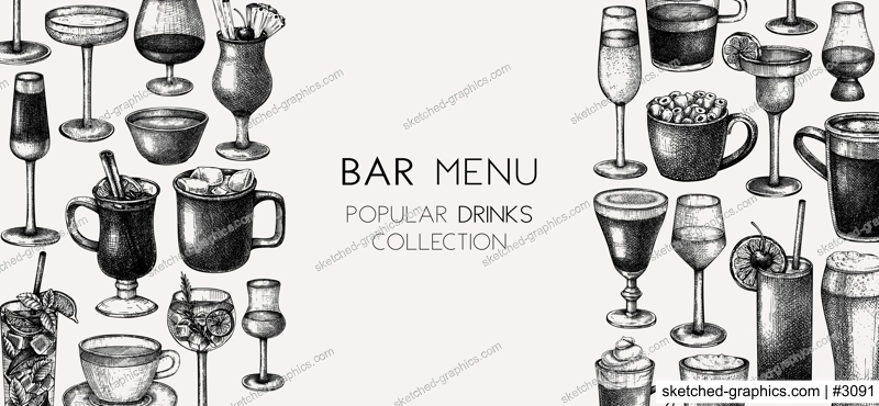 Hand-sketched drinks background. Vector banner with popular beverages in elegant glasses. Popular drinks vintage hand-drawings. Bar or restaurant menu template in sketched style.