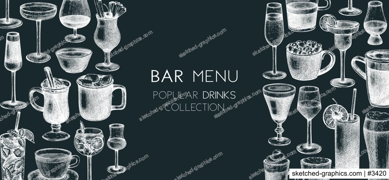 Hand-sketched drinks banner design. Vector sketches of popular beverages in elegant glasses. Popular drinks vintage hand-drawings. Bar or restaurant menu template isolated on chalkboard