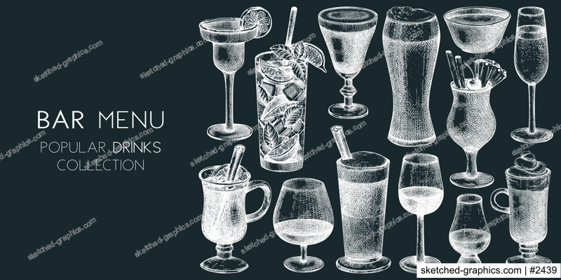 Hand-sketched drinks banner design. Vector sketches of popular beverages in elegant glasses. Popular drinks vintage hand-drawings. Bar or restaurant menu template isolated on chalkboard