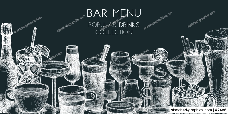 Hand-sketched drinks banner design. Vector sketches of popular beverages in elegant glasses. Popular drinks vintage hand-drawings. Bar or restaurant menu template isolated on chalkboard