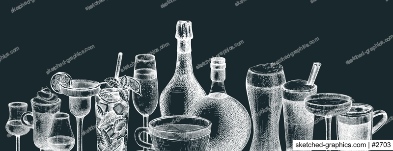Hand-sketched drinks banner design. Vector sketches of popular beverages in elegant glasses. Popular drinks vintage hand-drawings. Bar or restaurant menu template isolated on chalkboard