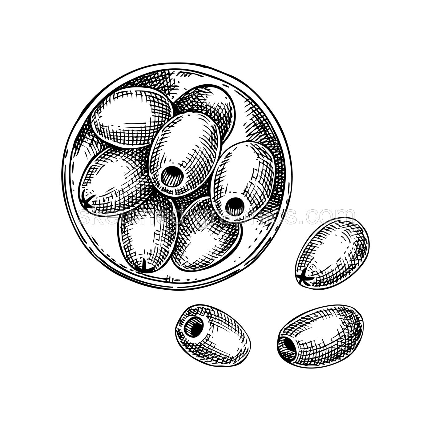 Vector composition with olives in glass bowl. Hand drawn olive fruit illustration in engraved style. Healthy food ingredients sketches isolated on white background. For packaging or print design Illustration