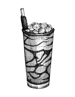 Cold summer drink with fresh mango slices and spicy sauce. Vector beverage illustration isolated on white background. Mango sherbet cocktail in sketch. Hand drawn Mexican cuisine design element 