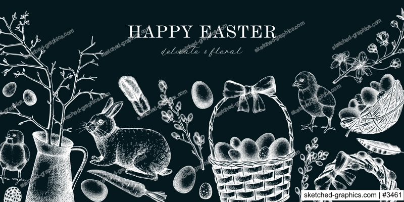Easter banner design with cute characters and spring decor elements. Hand drawn bunnies, eggs, chickens, flowers and flowering trees background. Vector template with Holiday sketches on chalkboard