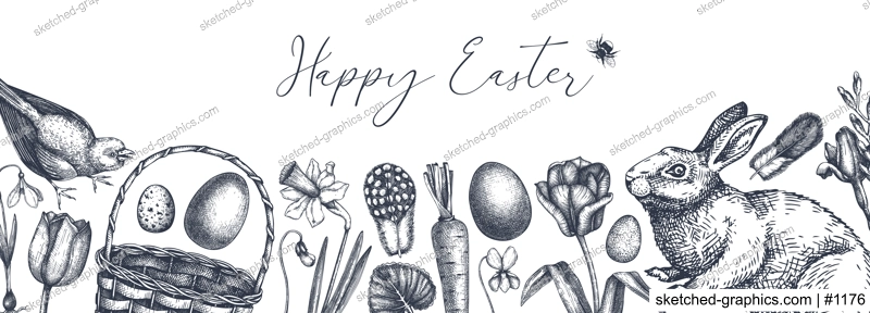 Easter banner design. With spring flowers, eggs and rabbit hand-drawings. Hand-sketched botanical backdrop. Spring plants and animals sketches. Vector Easter background