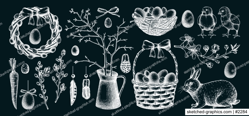 Collection of cute Easter characters and spring decor elements. Hand drawn bunnies, eggs, chickens, flowers and flowering trees isolated on white background. Vector holiday sketches on chalkboard