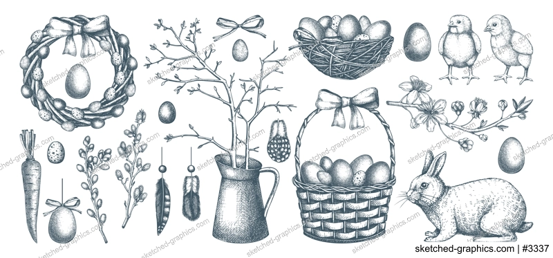 Collection of cute Easter characters and spring decor elements. Hand drawn bunnies, eggs, chickens, flowers and flowering trees isolated on white background. Vector illustrations. Holiday sketches