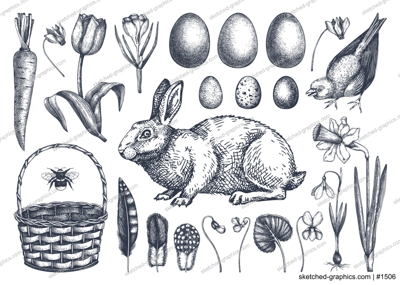 Easter design elements collection. Spring flowers, eggs and rabbit hand-drawings. Hand-sketched spring plants, birds and animals illustrations. Vector Easter sketches set