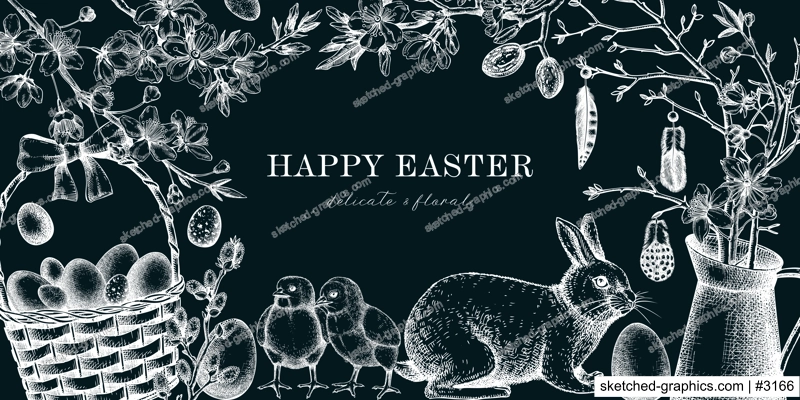 Easter frame design with cute characters and spring decor elements. Hand drawn bunnies, eggs, chickens, flowers and flowering trees background. Vector template with Holiday sketches on chalkboard