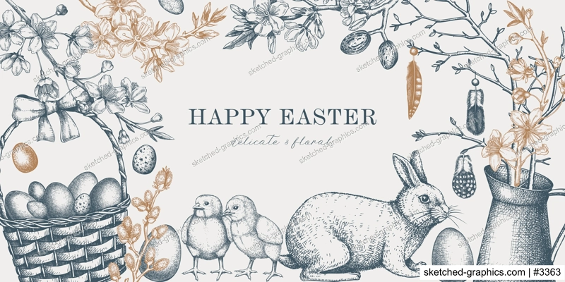 Easter frame design with cute characters and spring decor elements. Hand drawn bunnies, eggs, chickens, flowers and flowering trees background. Vector template with vintage Holiday sketches