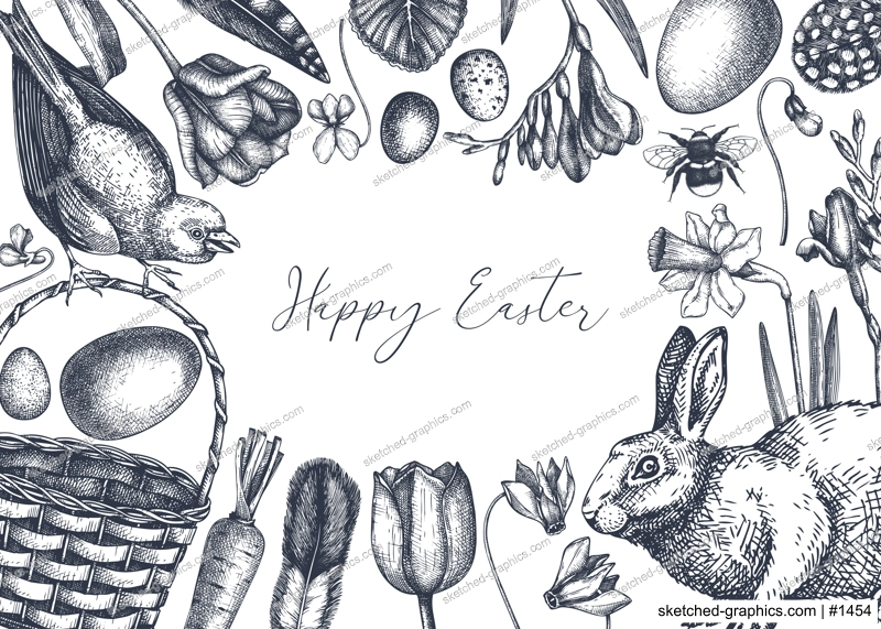 Easter frame design. With spring flowers, eggs and rabbit hand-drawings. Hand-sketched botanical backdrop. Spring plants and animals sketches. Easter card or invitation vector template
