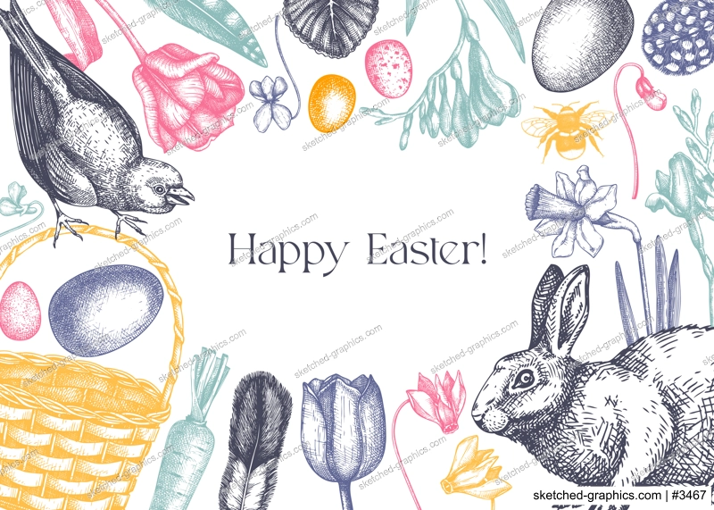Easter frame design. With spring flowers, eggs and rabbit hand-drawings. Hand-sketched botanical backdrop. Spring plants and animals sketches. Easter card or invitation vector template