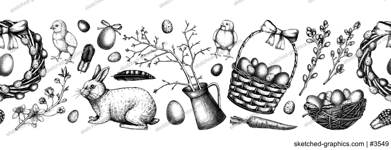 Seamless Easter ribbon design with cute characters and spring decor elements. Hand drawn bunnies, eggs, chickens, flowers and flowering trees background. Vector template with Holiday sketches