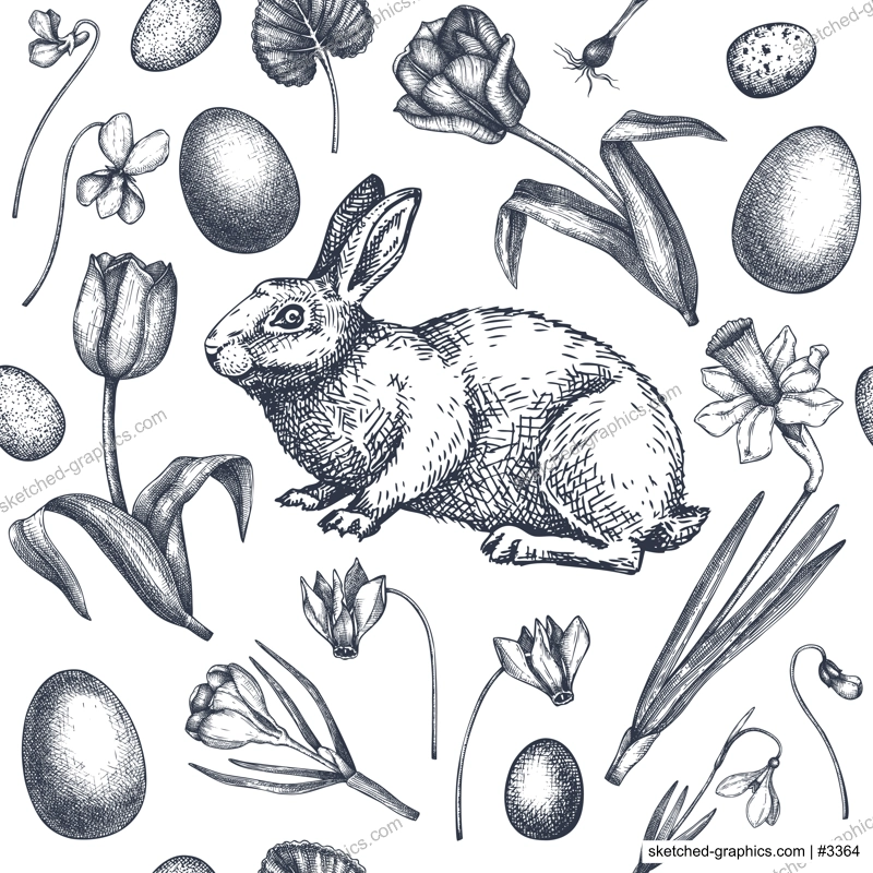 Easter seamless pattern. With spring flowers, eggs and rabbit hand-drawings. Hand-sketched botanical backdrop. Spring plants and animals sketches. Vector Easter background