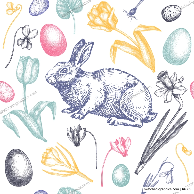 Easter seamless pattern. With spring flowers, eggs and rabbit hand-drawings. Hand-sketched botanical backdrop. Spring plants and animals sketches. Vector Easter background