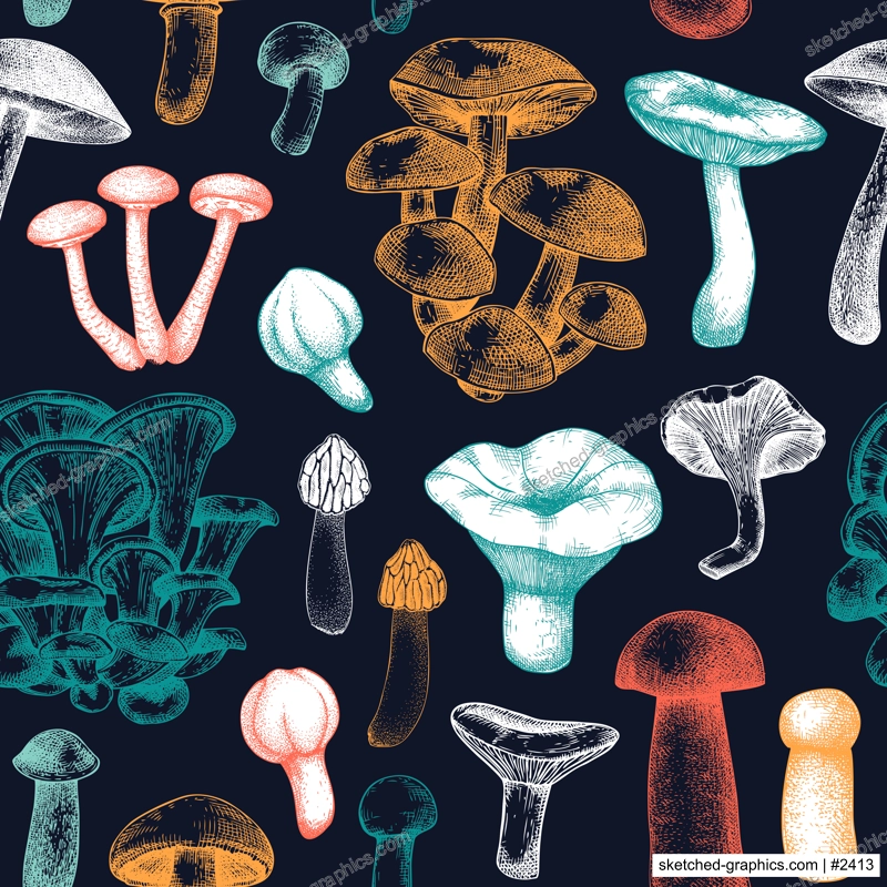 Edible mushrooms background. Healthy food seamless pattern. Forest mushroom sketch. Hand-drawn vector illustration. NOT AI generated