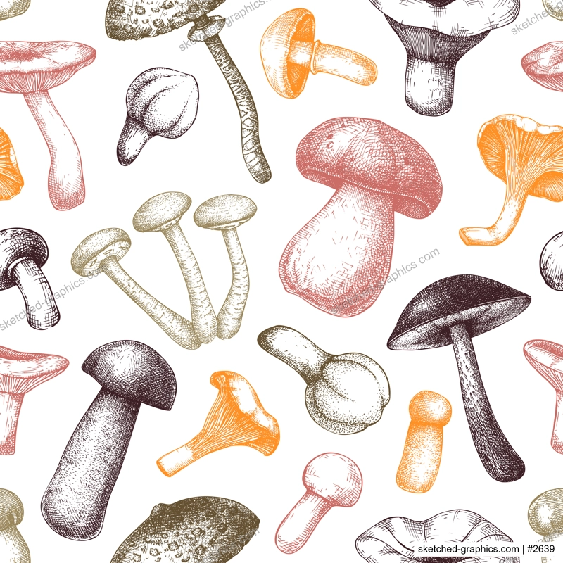 Edible mushrooms seamless pattern. Hand drawn food background in color. Forest plants sketches for recipe, menu, label, icon, packaging. Vintage fungi texture design. Botanical illustration