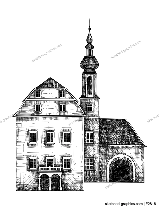 European architecture sketch. Traditional old building, castle drawing. Vintage style mansoin house hand-drawn vector illustration. Architectural design element.  NOT AI generated