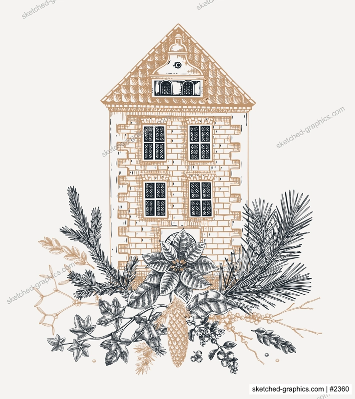 Christmas card design. European architecture sketch. Vintage brick house drawing. Winter trees hand-drawn vector illustration. NOT AI generated
