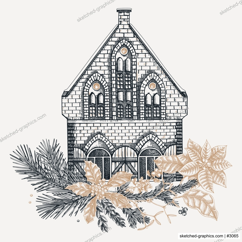 Christmas card design. European architecture sketch. Vintage brick house drawing. Winter trees hand-drawn vector illustration. NOT AI generated