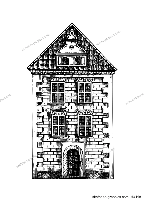 European city architecture sketch. Traditional old building drawing. Vintage style brick house hand-drawn vector illustration. Architectural design element. NOT AI generated