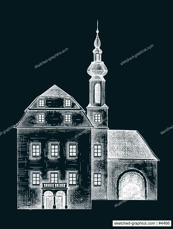 European architecture sketch. Traditional old building, castle drawing on chalkboard. Vintage mansoin house hand-drawn vector illustration. Architectural design element.  NOT AI generated