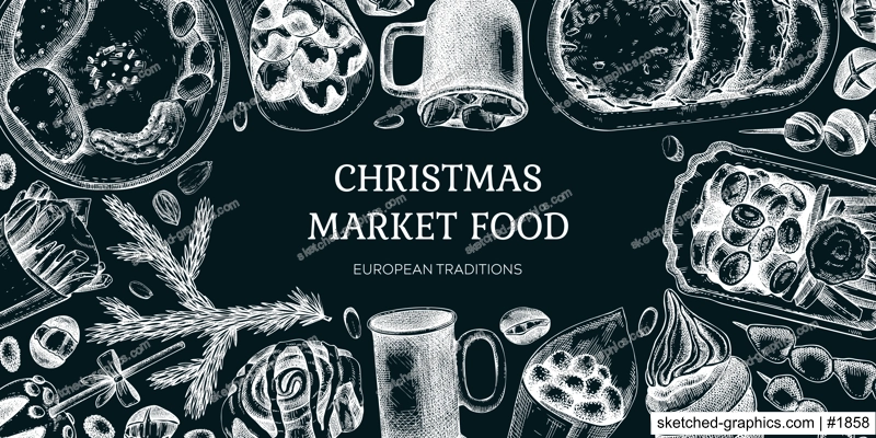 European Christmas market food background. Fast food menu design on chalkboard. Vintage hand-drawn vector illustration. Pastries, sweets, grilled meat, raclette, hot drinks sketches. Street food frame